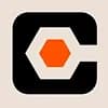 Dark C shape surrounding an orange hexagon on a light background.