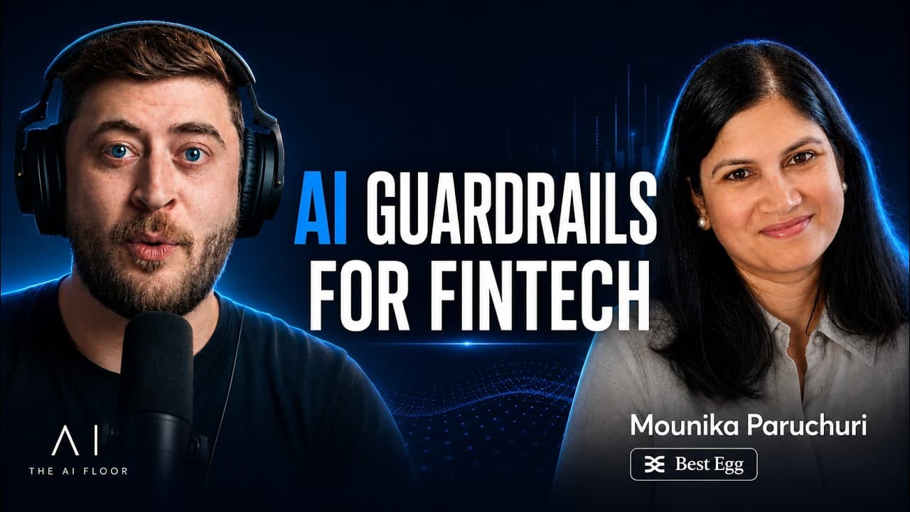 The AI Floor podcast thumbnail for the Mounika Paruchuri episode, a bank's AI transformation lead on governance and guardrails