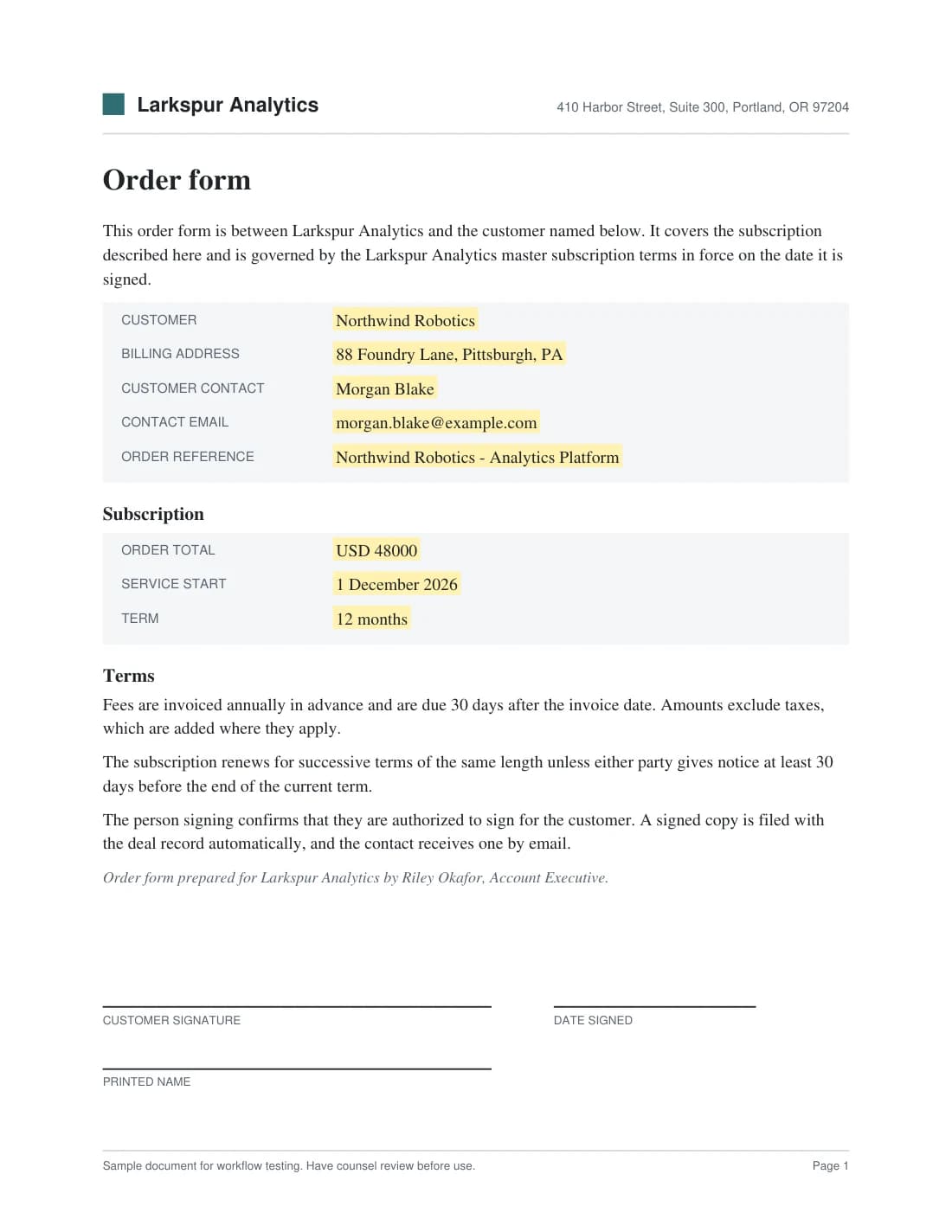 Page preview of the sample order form, with its data label fields highlighted and filled with sample values.