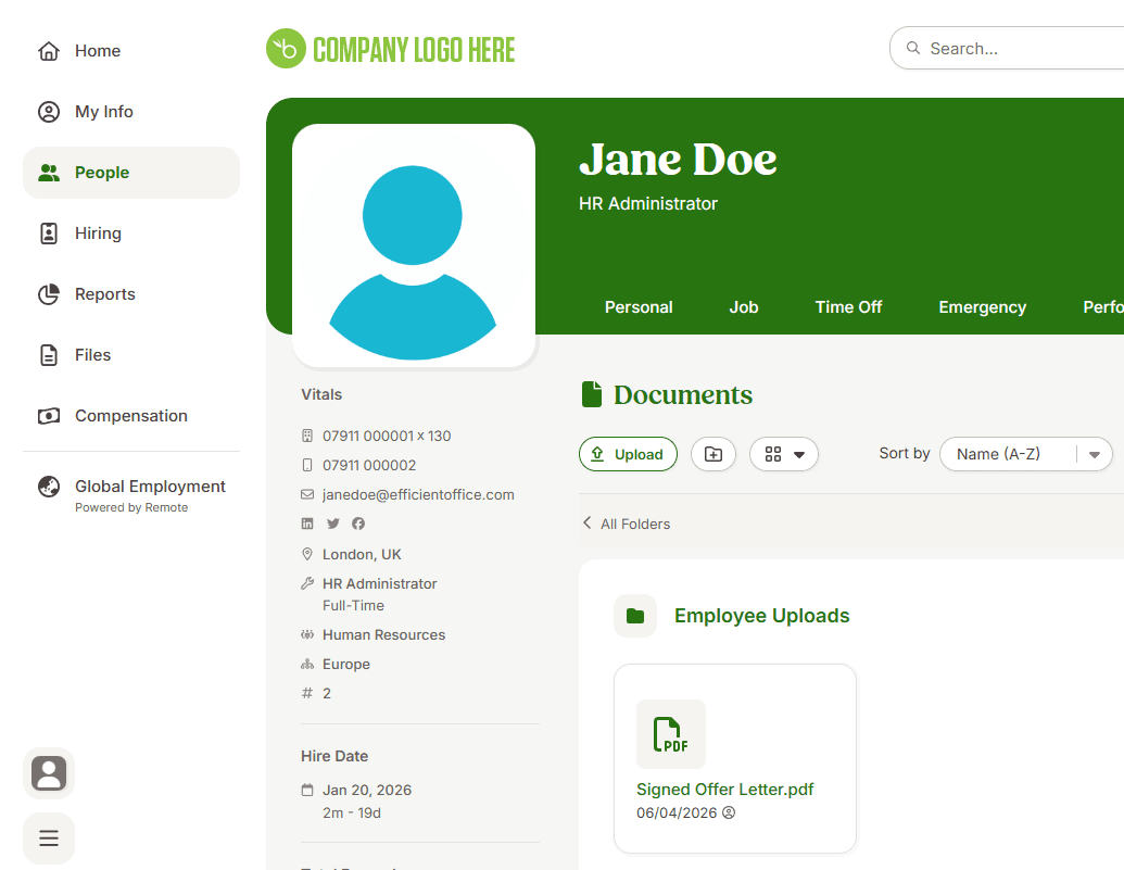 A BambooHR employee profile showing a signed offer letter PDF filed under the employee's documents