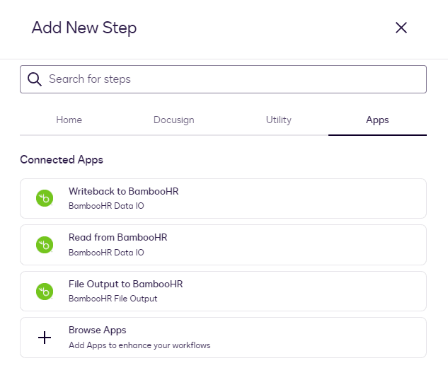 The Add New Step dialog in Docusign Workflow Builder listing the Writeback, Read and File Output steps for BambooHR