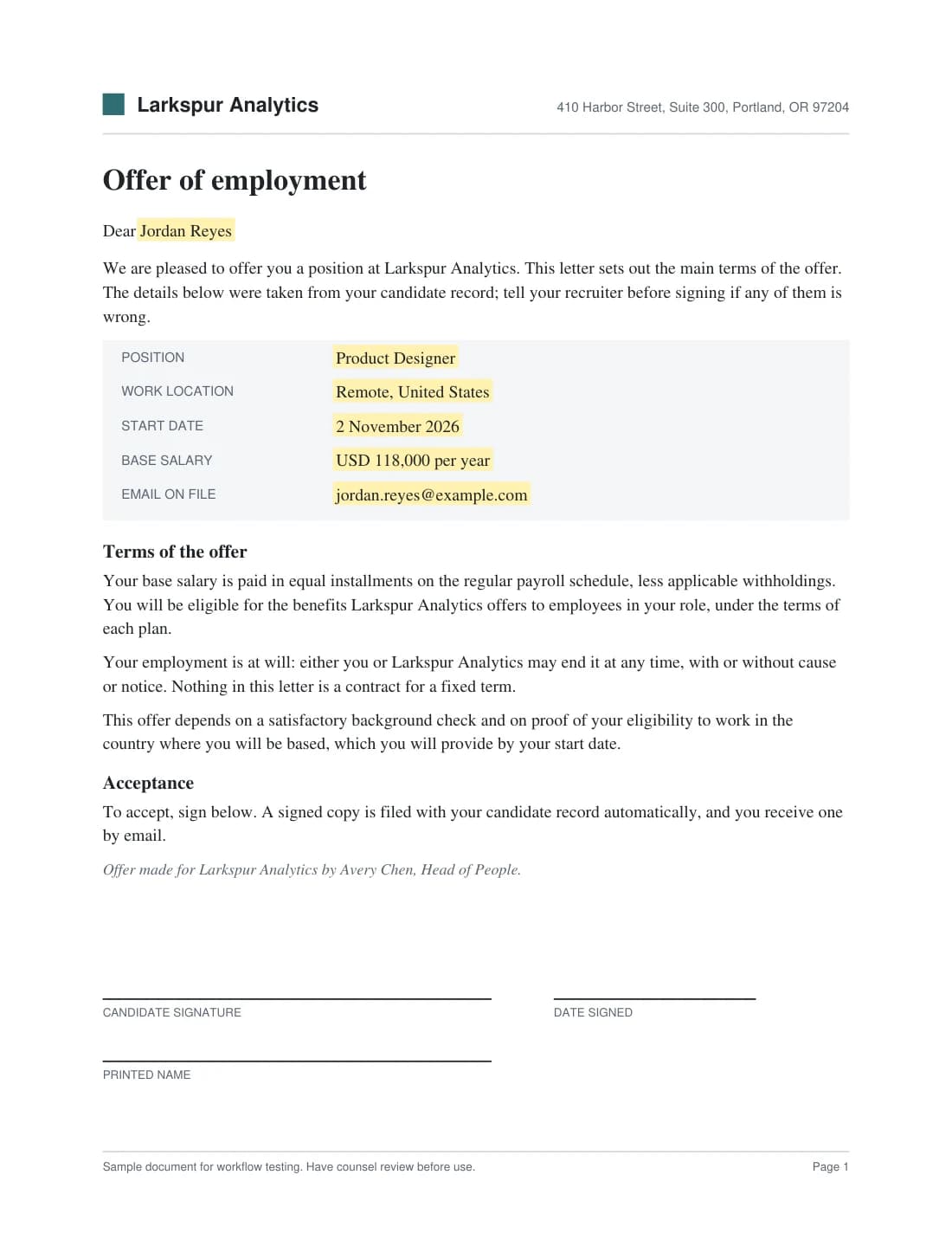 Page preview of the sample offer letter, with its data label fields highlighted and filled with sample values.