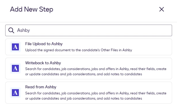 The Add New Step dialog with "Ashby" searched, showing File Upload to Ashby, Writeback to Ashby, and Read from Ashby.