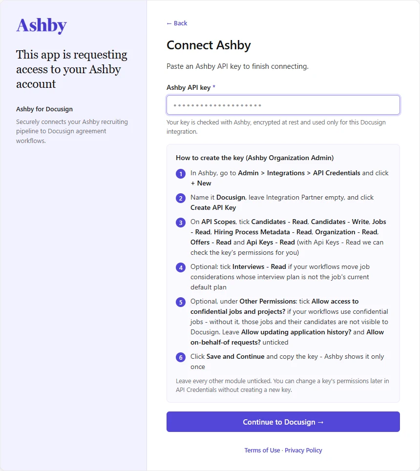 The Connect Ashby step with the Ashby API key field and the Continue to Docusign button.