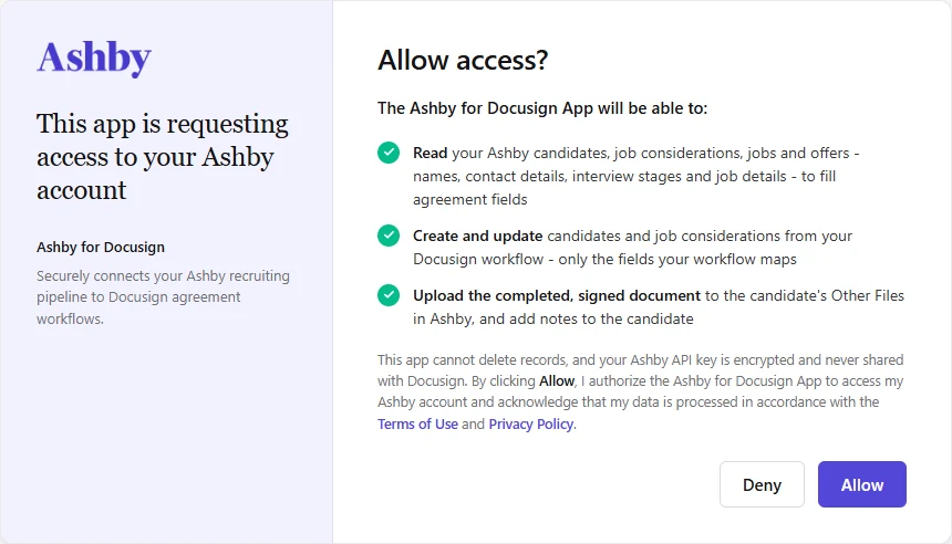 The Ashby connect window asking Allow access?, listing read, create and update, and file upload, with Deny and Allow buttons.