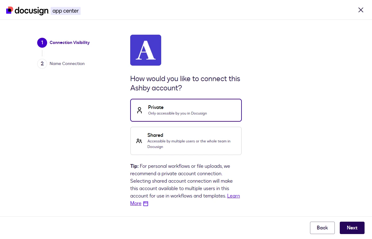 The Connection Visibility step with Private and Shared options.
