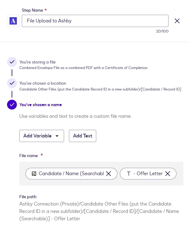 The file name step with text and variable chips.