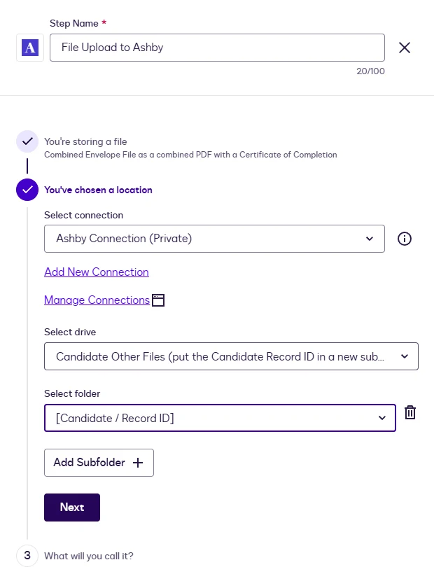 The File Upload location with the connection, the Candidate Other Files drive, and a Record ID variable as the folder.