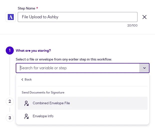 The file picker showing the envelope files of the signing step.