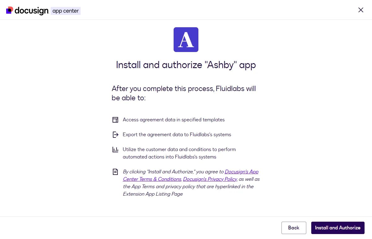 The Install and authorize Ashby app screen listing the requested access, with the Install and Authorize button.