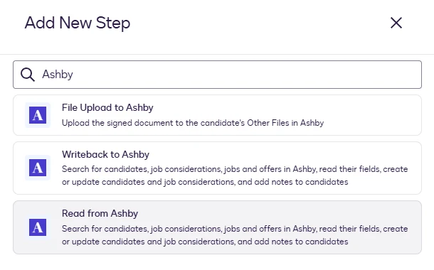 The Add New Step dialog with Read from Ashby highlighted.
