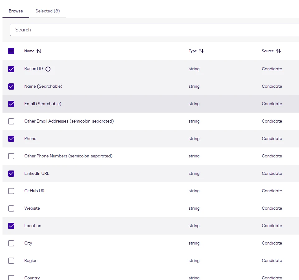 The field browser listing Candidate fields with checkboxes, the searchable ones marked (Searchable).