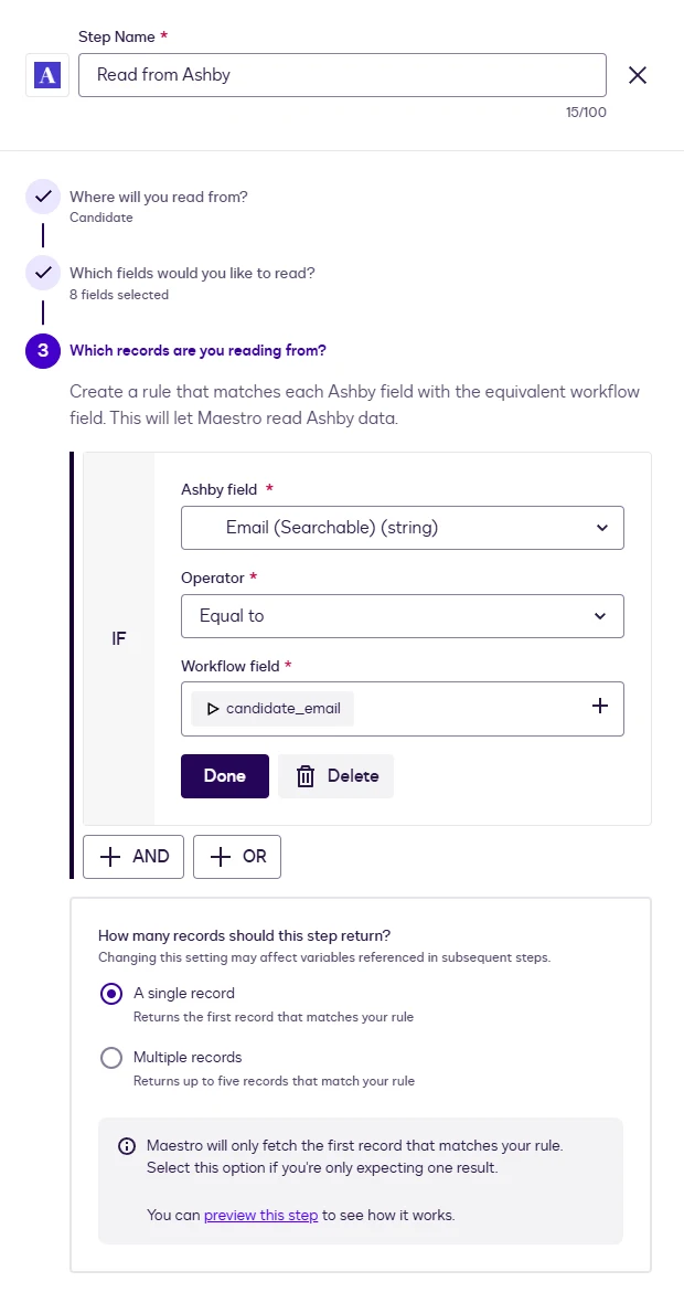 The record-matching rule: Email equals the candidate_email variable, with A single record selected.