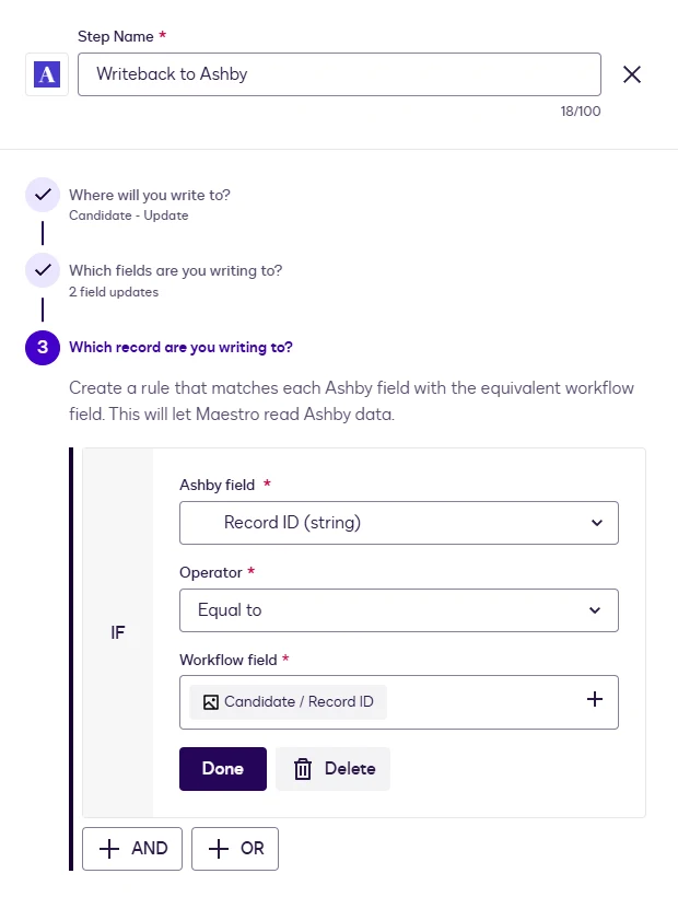 The record-matching rule for Writeback: Record ID equals the Read step's Record ID.