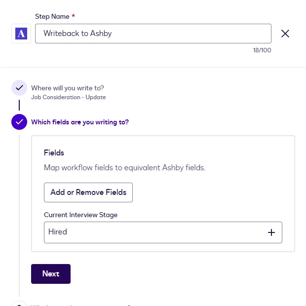 The Job Consideration step in Update mode with Current Interview Stage set to Hired.