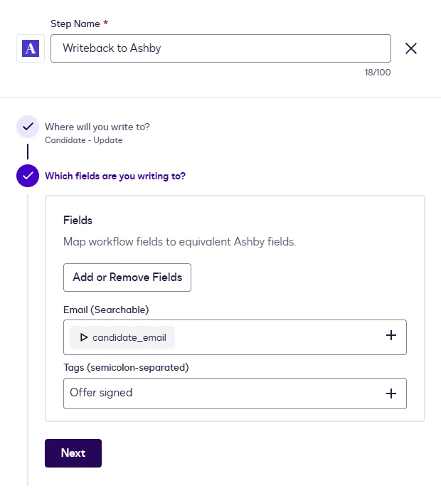 The Writeback step with Email mapped to the candidate_email variable and Tags set to Offer signed.