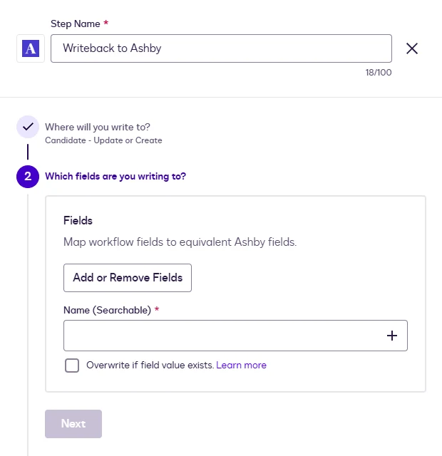 The Update or Create form listing Name (Searchable) as required, with the Overwrite if field value exists checkbox.