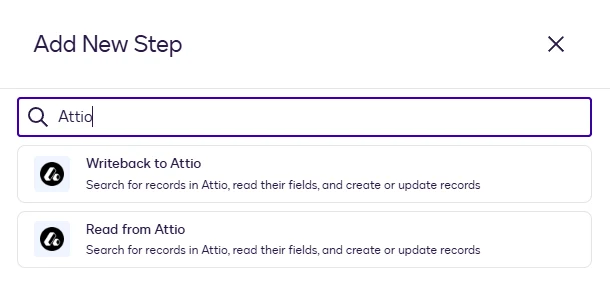 The Add New Step dialog with "Attio" searched, showing Writeback to Attio and Read from Attio.