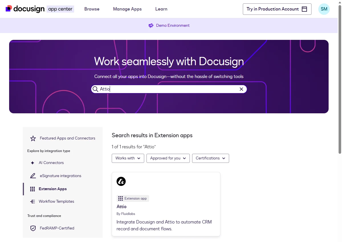 Docusign App Center search results showing the Attio extension app by Fluidlabs.