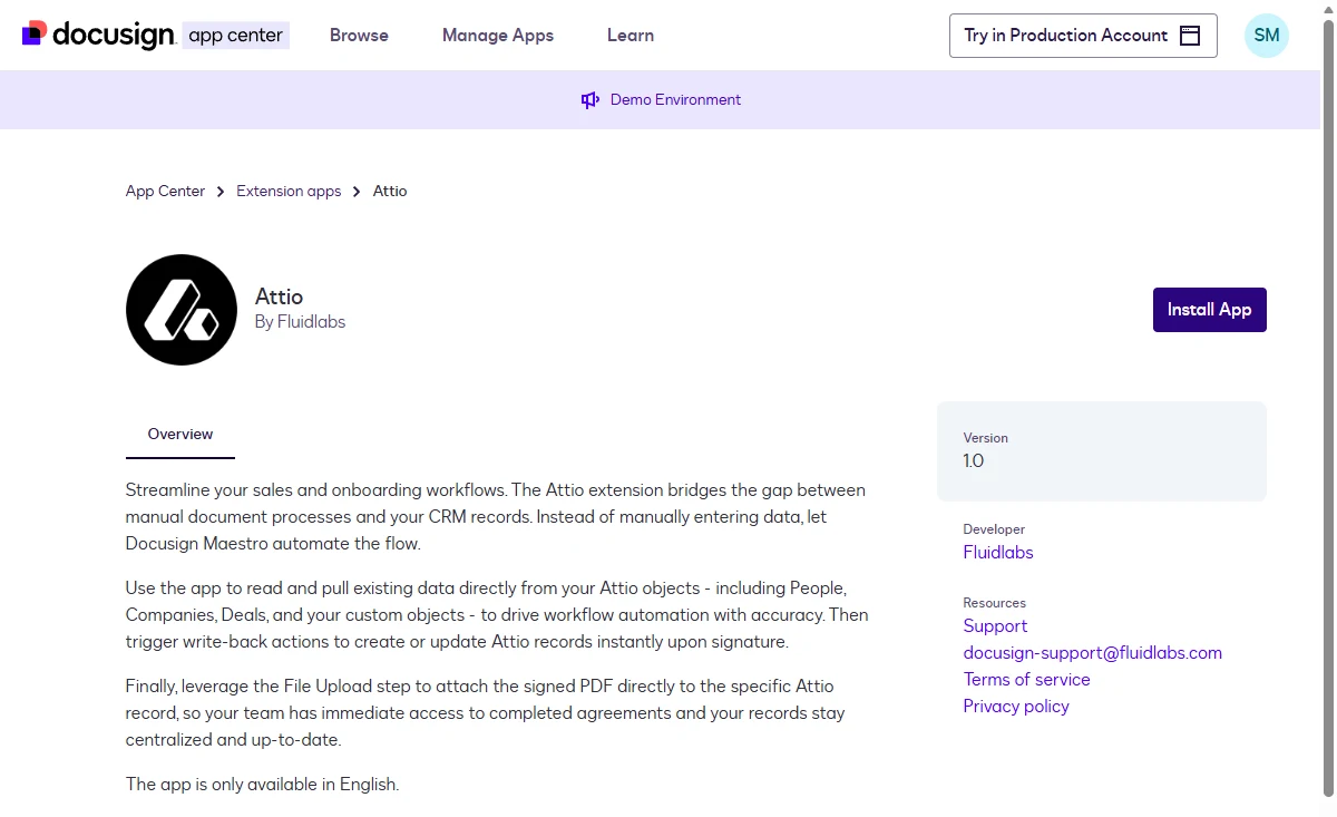 The Attio app page in the Docusign App Center with the Install App button.