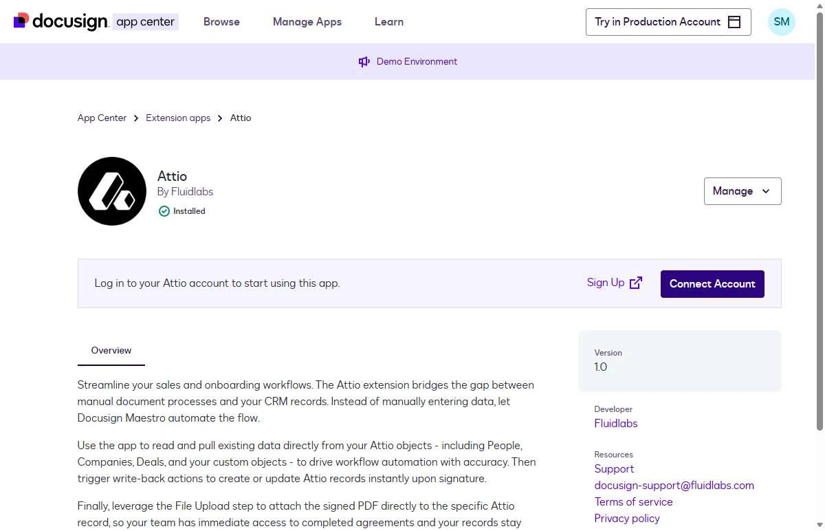 The installed Attio app page showing the Connect Account button.
