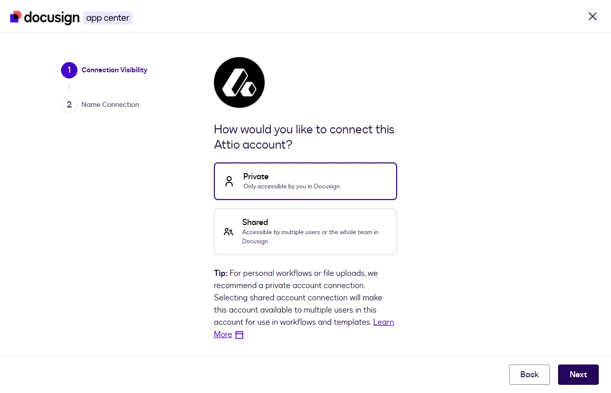 The Connection Visibility step with Private and Shared options.
