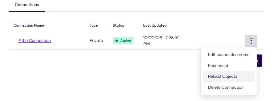 The connections list with the three-dot menu open showing Edit connection name, Reconnect, Reload Objects, and Delete Connection.