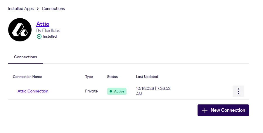 The Attio connections list showing a connection with an Active status and the New Connection button.