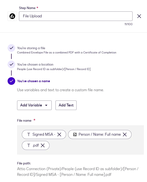 The file name step with a text chip, the Person / Name: Full name variable and a .pdf text chip.