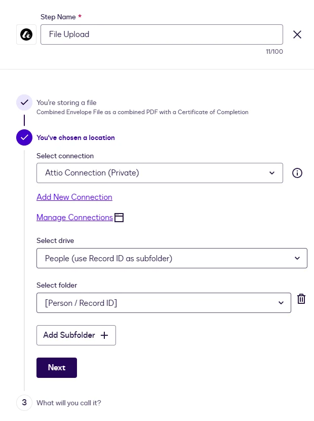 The File Upload location with the connection, the People drive, and Person / Record ID as the folder.