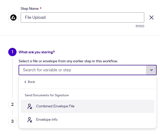 The file picker showing the envelope files of the signing step.