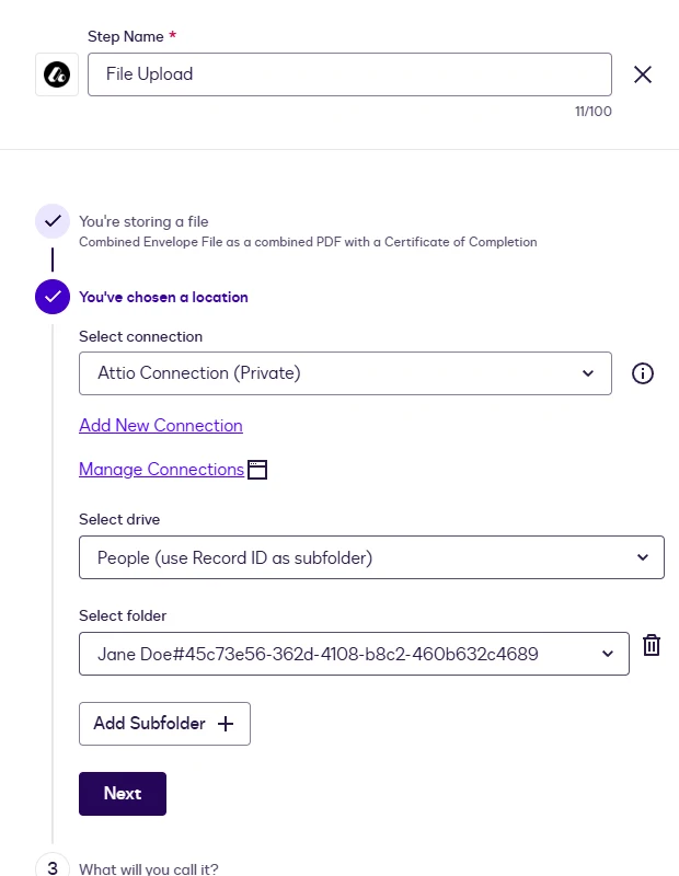 The File Upload location with Jane Doe#45c73e56-362d-4108-b8c2-460b632c4689 picked in Select folder.