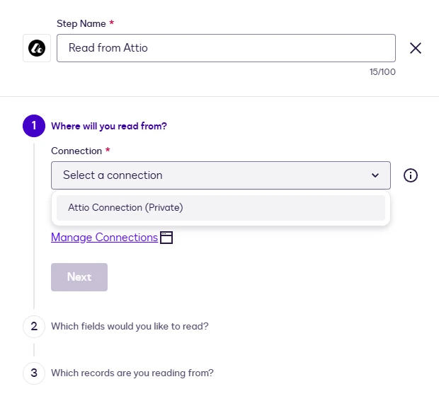 The Read step Connection dropdown showing the Attio connection.