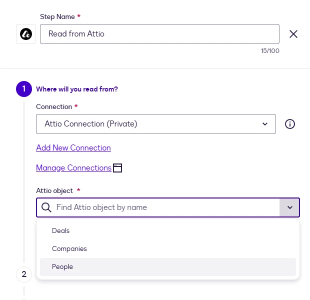 The Attio object dropdown showing Deals, Companies and People.