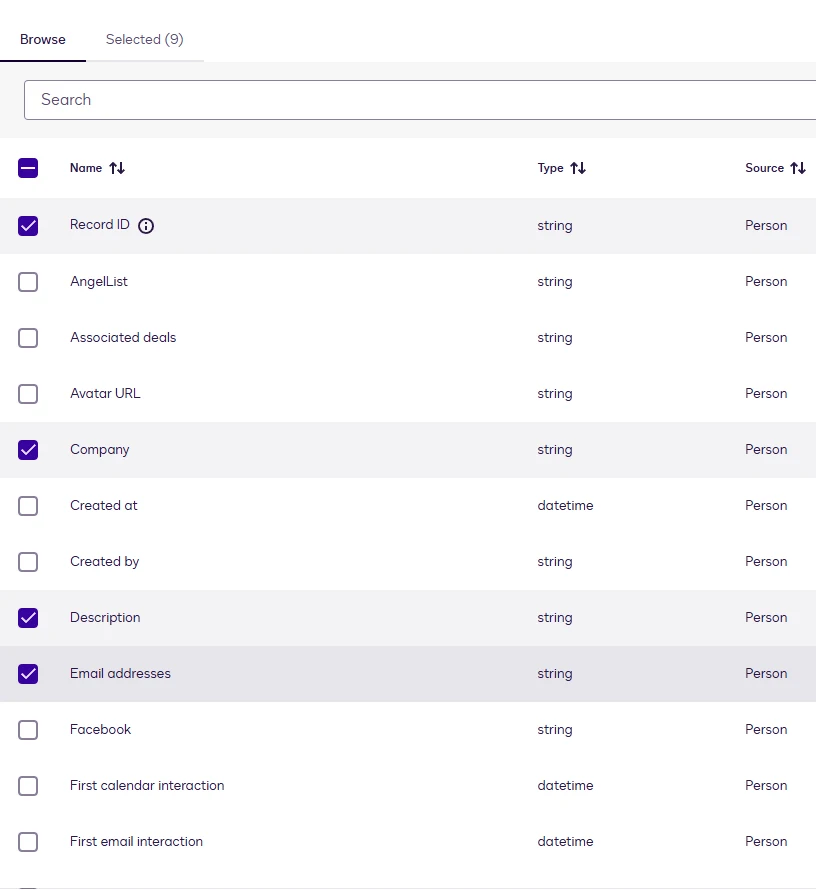 The field browser listing People fields with checkboxes, among them Record ID, Company, Description and Email addresses.