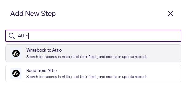 The Add New Step dialog with Writeback to Attio highlighted.
