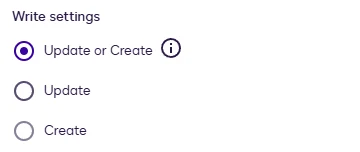 The Write settings options: Update or Create, Update, and Create.