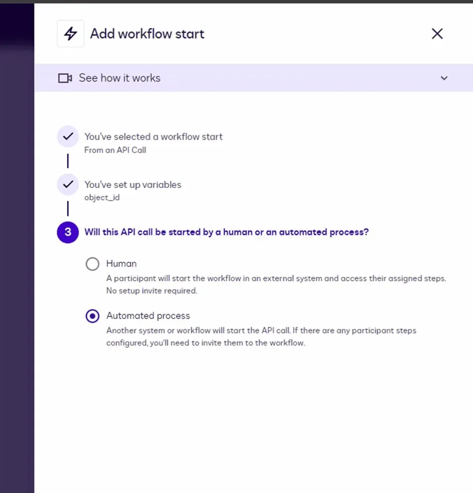 User interface showing workflow start configuration, asking if an API call is human or automated.