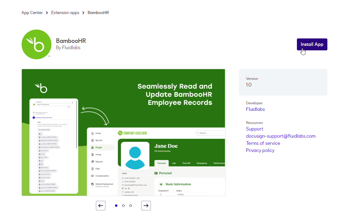 BambooHR app installation page displaying employee records update feature with an 'Install App' button.