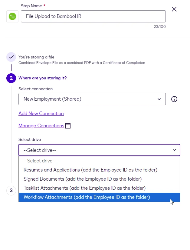 Select drive dropdown listing the four employee file categories, each with the hint to add the Employee ID as the folder.