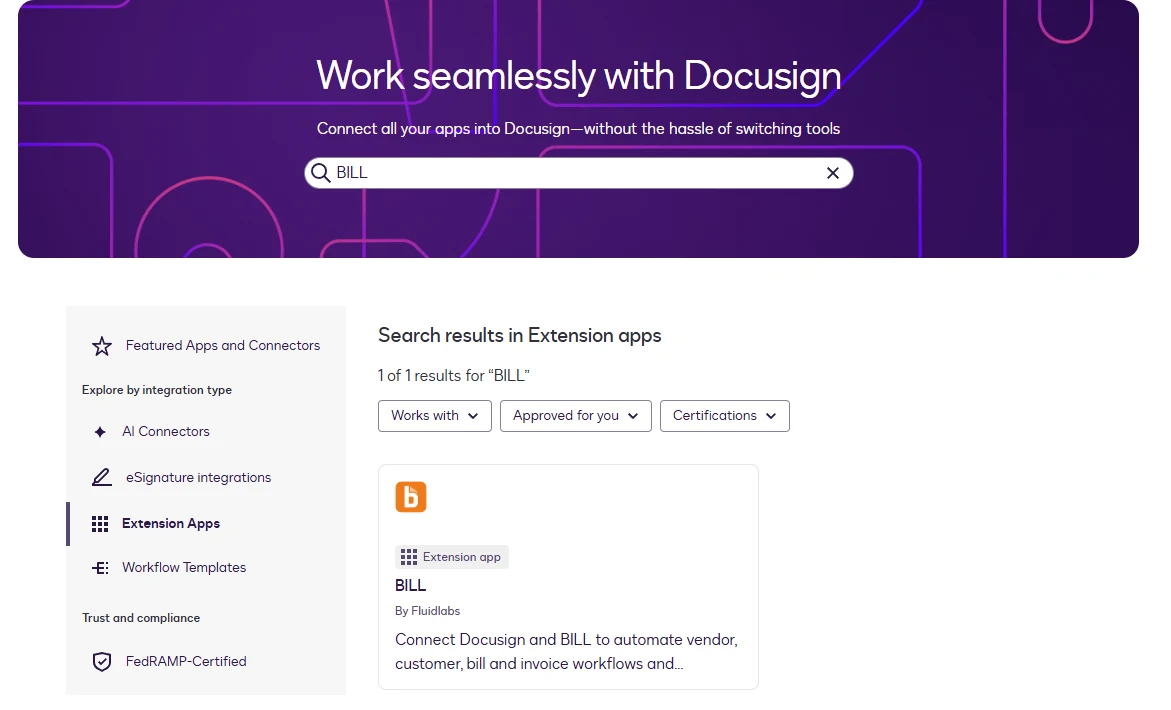 Docusign App Center search results showing the BILL extension app by Fluidlabs.