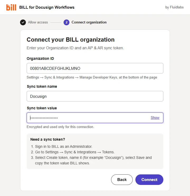 Step 2 Connect organization: Organization ID, Sync token name and Sync token value, with the steps to create a token in BILL.