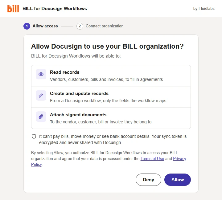 The BILL for Docusign Workflows window, step 1 Allow access: what the app can and cannot do, with Deny and Allow.