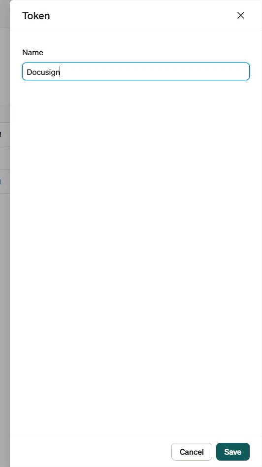 BILL's Token panel with the name Docusign entered and the Save button.