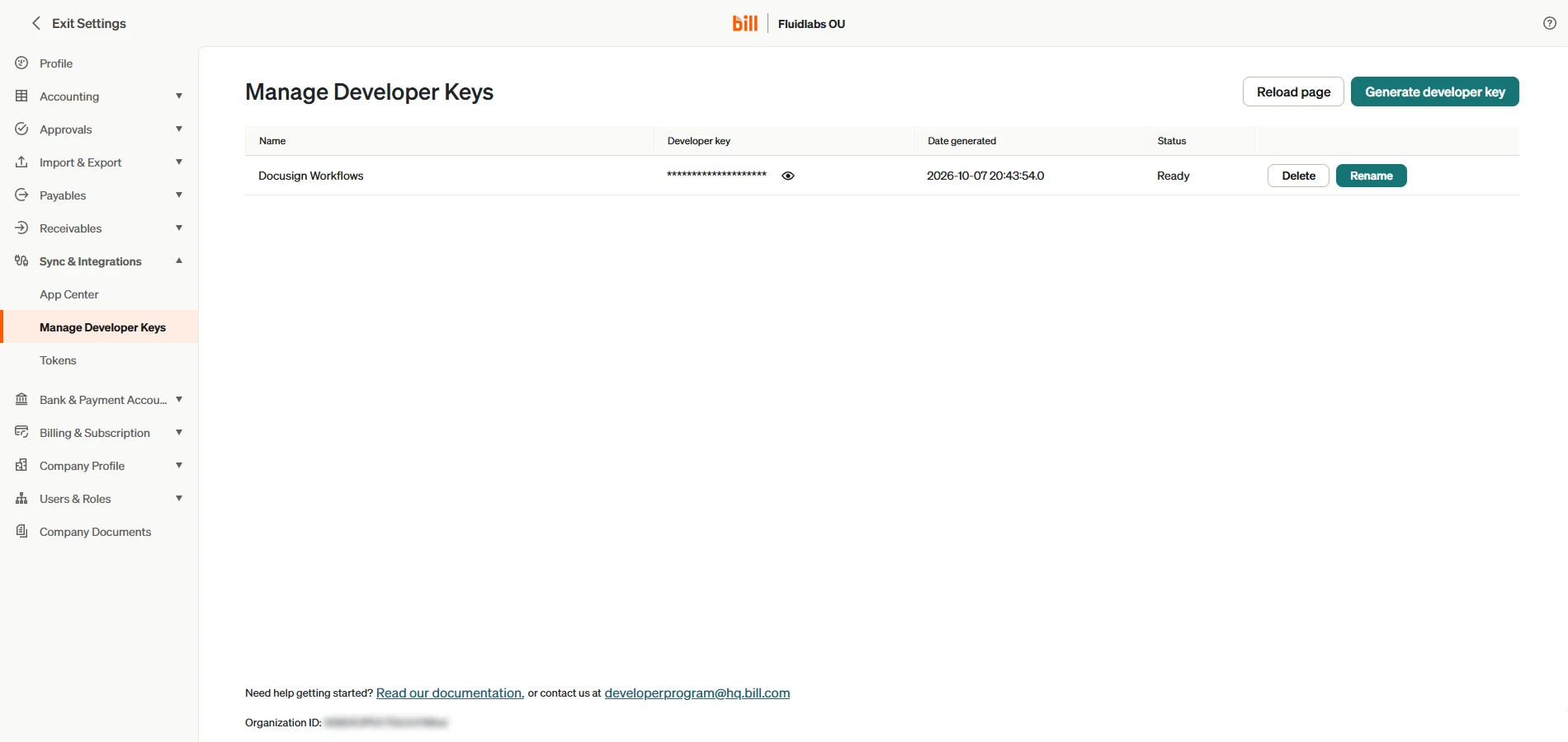 BILL's Manage Developer Keys page with the Organization ID at the bottom, its value blurred.