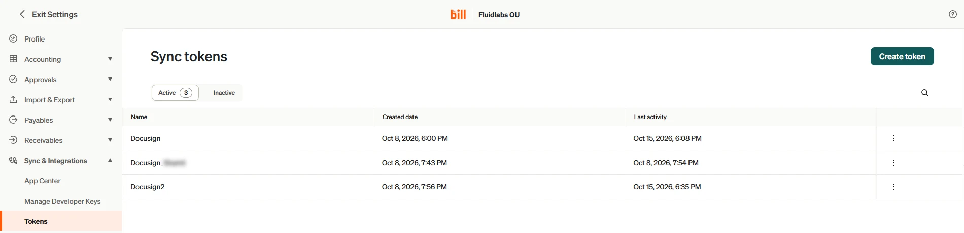 BILL's Sync tokens page under Settings, Sync & Integrations, Tokens, with the Create token button.