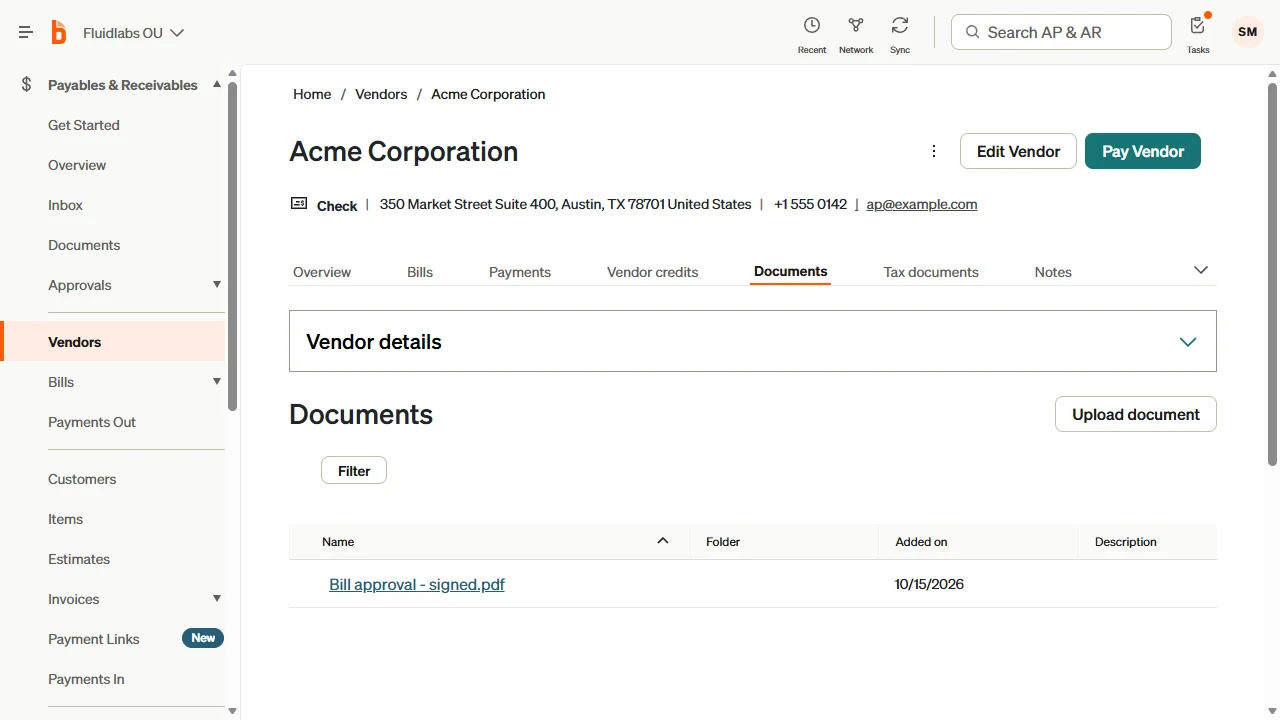 Acme Corporation in BILL, Documents tab: Bill approval - signed.pdf.