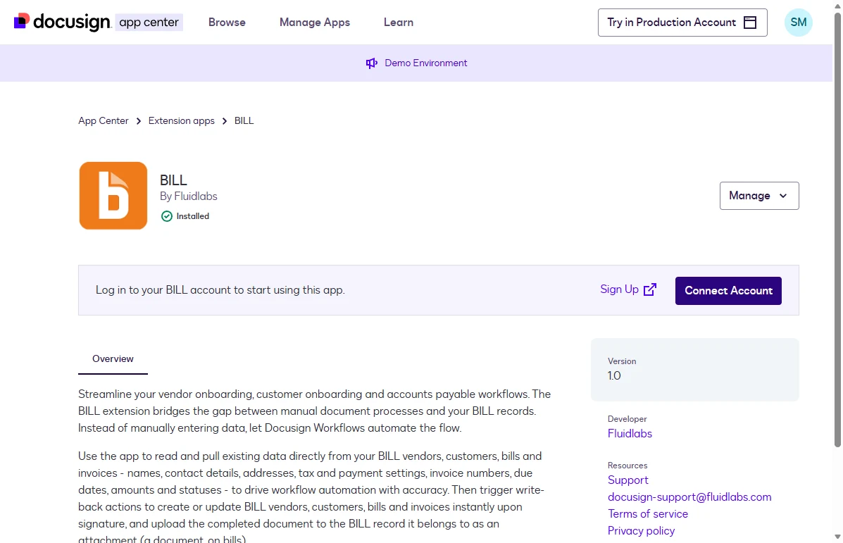The installed BILL app page with Log in to your BILL account and the Connect Account button.