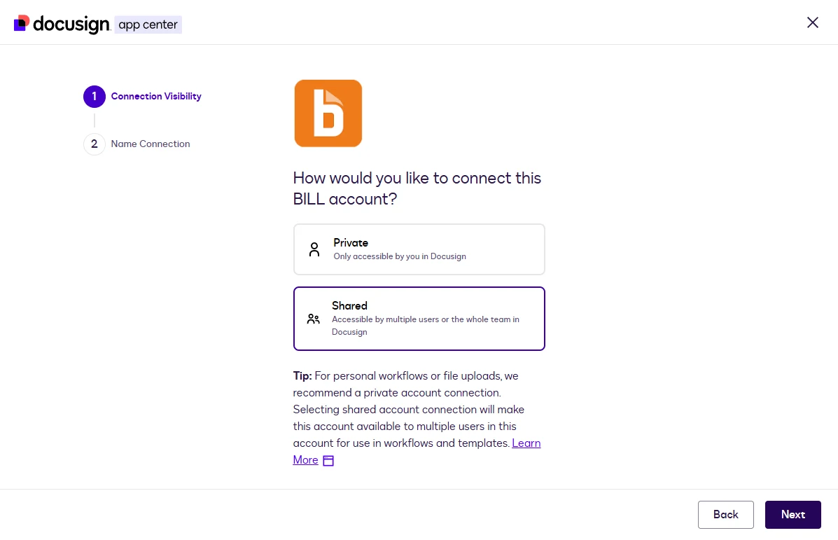 The Connection Visibility step with Private and Shared options; Shared is selected.