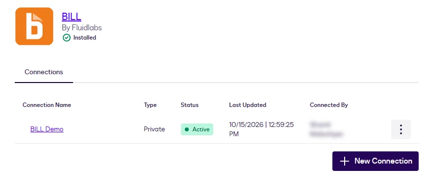 The BILL connections list with one Active connection and the New Connection button.